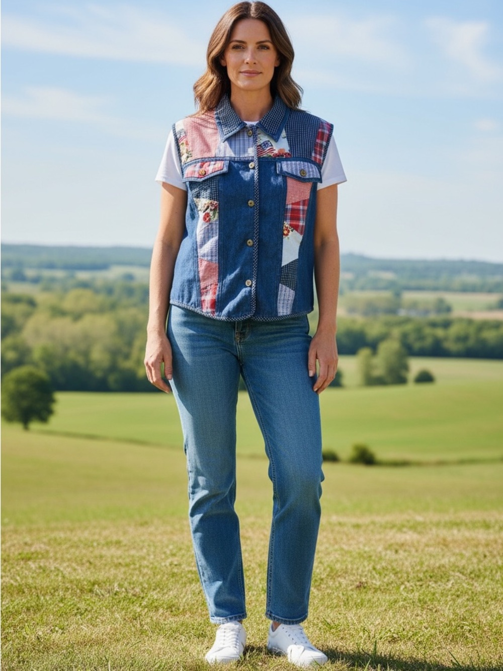 Vintage Patchwork Patriotic Collared Blue Denim Vest Size M